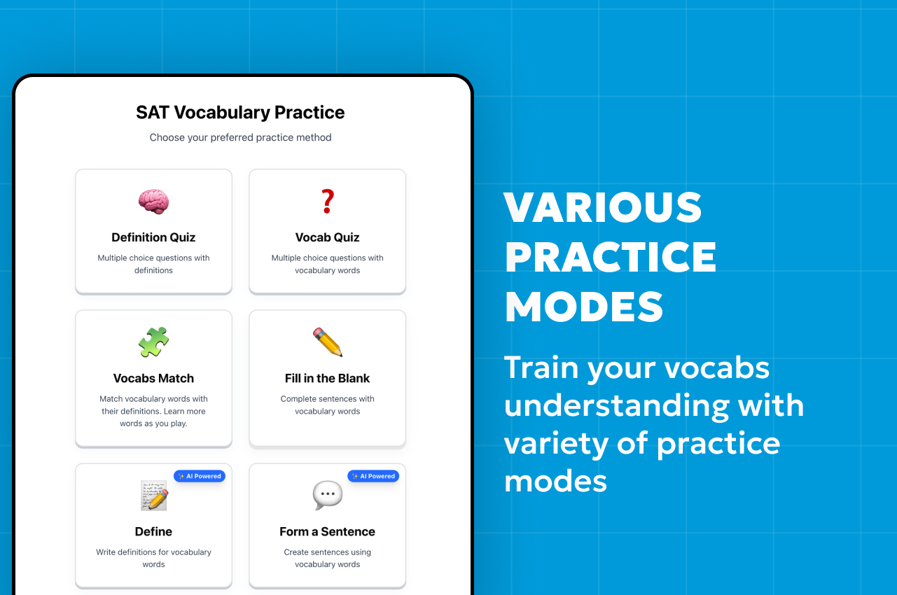 SAT Vocabulary Practice Modes - Multiple Study Methods and Games